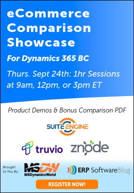 Promotional banner for the eCommerce Comparison Showcase for Dynamics 365 Business Central on September 24, featuring demos from Suite Engine, Truvio and Znode.