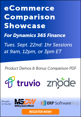 Promotional banner for the eCommerce Comparison Showcase for Dynamics 365 Finance on September 22, featuring demos from Truvio and Znode.