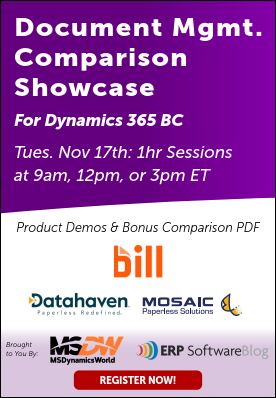 Document Management Comparison Showcase for Dynamics 365 Business Central featuring Bill, Datahaven, and Mosaïc Paperless Solutions, with product demos and a bonus comparison PDF.